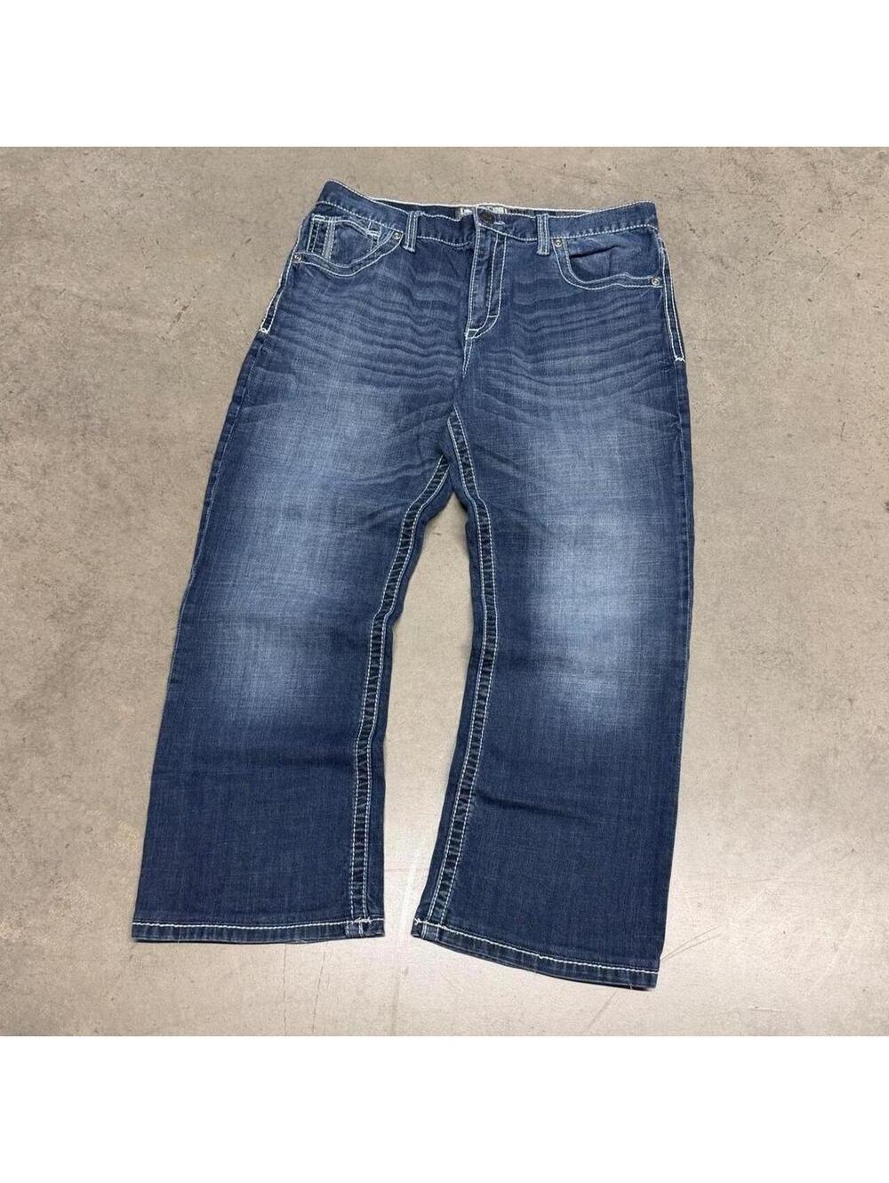 Y2K BKE Tyler Faded Whiskered Contrast Stitch Bootcut Jeans